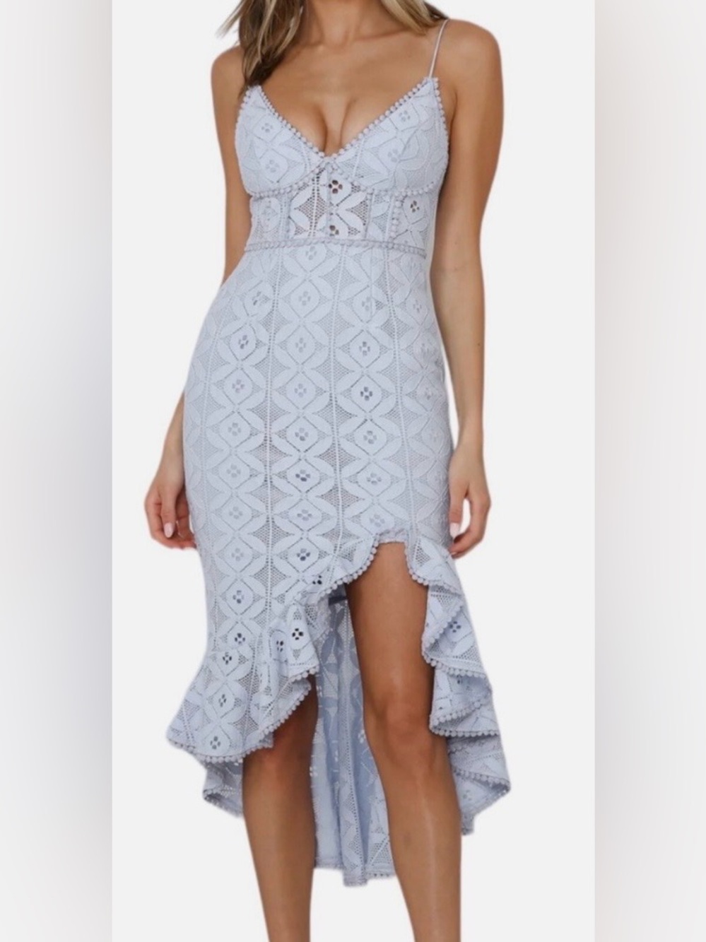NEW Angel Biba 100% Cotton Baby Blue Lace Asymmetrical Hem Fitted Dress NWT